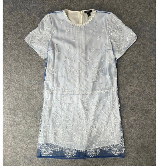 Burberry Designer Womens White Lace with Blue Overlay Short Sleeve Dress Size 8 - Picture 1 of 15